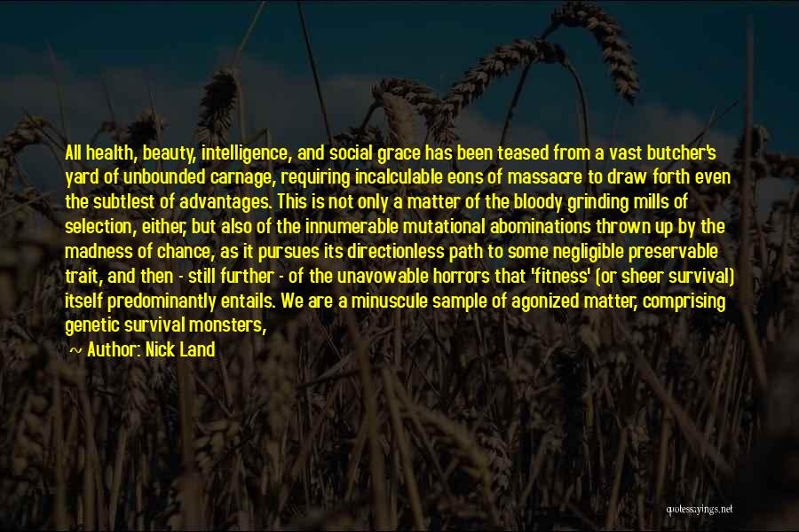 Nick Land Quotes: All Health, Beauty, Intelligence, And Social Grace Has Been Teased From A Vast Butcher's Yard Of Unbounded Carnage, Requiring Incalculable