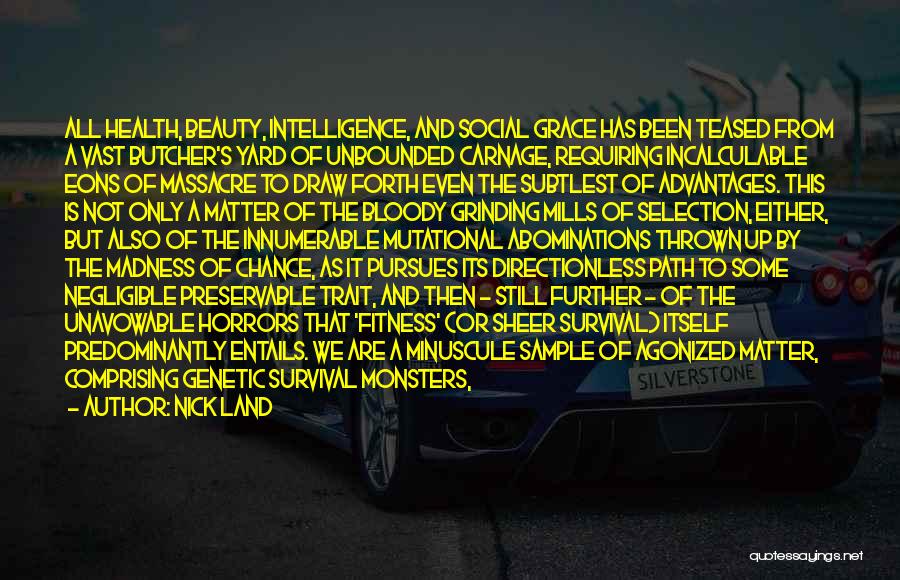 Nick Land Quotes: All Health, Beauty, Intelligence, And Social Grace Has Been Teased From A Vast Butcher's Yard Of Unbounded Carnage, Requiring Incalculable