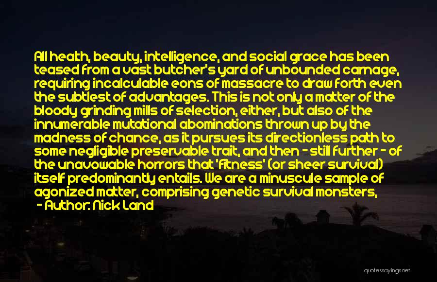 Nick Land Quotes: All Health, Beauty, Intelligence, And Social Grace Has Been Teased From A Vast Butcher's Yard Of Unbounded Carnage, Requiring Incalculable