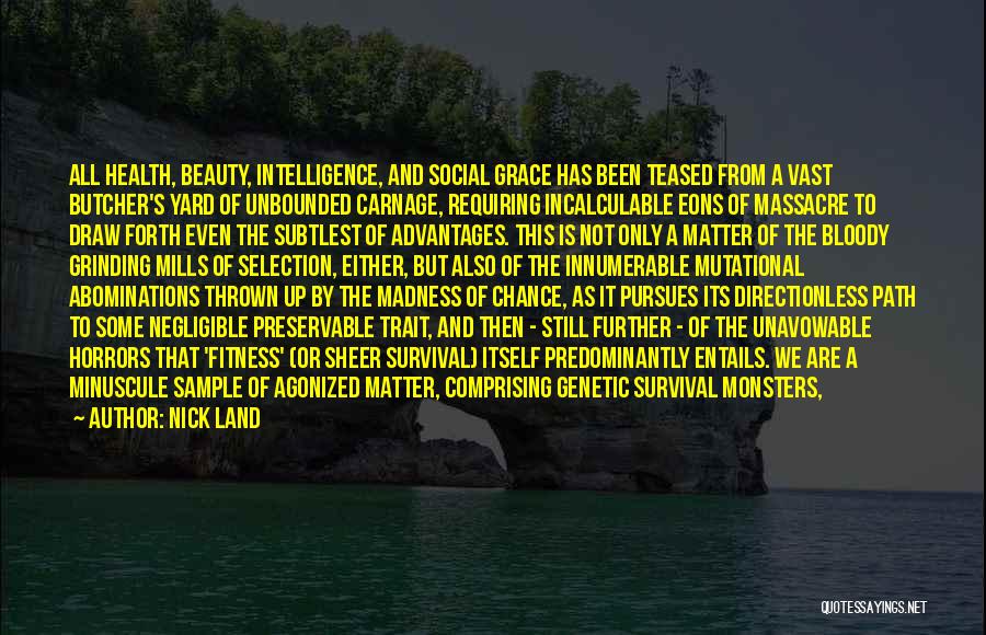 Nick Land Quotes: All Health, Beauty, Intelligence, And Social Grace Has Been Teased From A Vast Butcher's Yard Of Unbounded Carnage, Requiring Incalculable