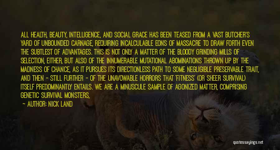 Nick Land Quotes: All Health, Beauty, Intelligence, And Social Grace Has Been Teased From A Vast Butcher's Yard Of Unbounded Carnage, Requiring Incalculable