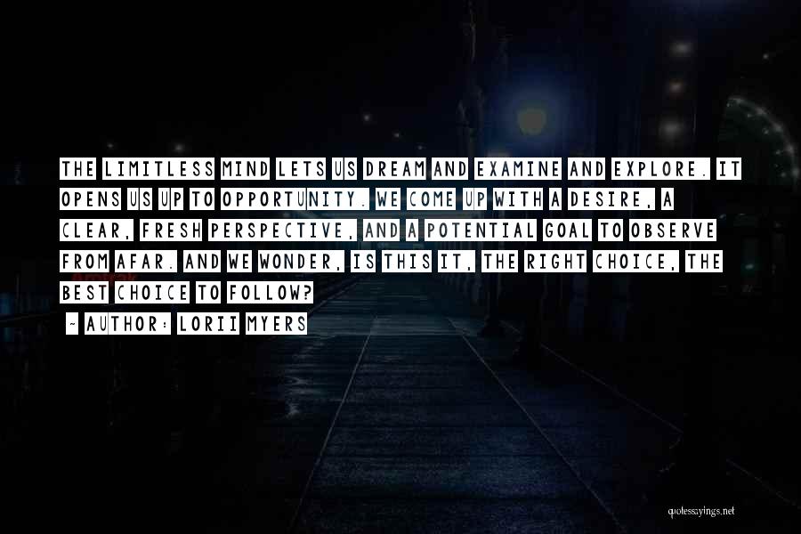 Lorii Myers Quotes: The Limitless Mind Lets Us Dream And Examine And Explore. It Opens Us Up To Opportunity. We Come Up With