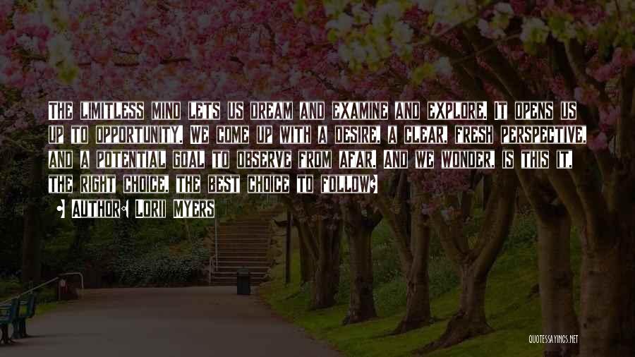 Lorii Myers Quotes: The Limitless Mind Lets Us Dream And Examine And Explore. It Opens Us Up To Opportunity. We Come Up With