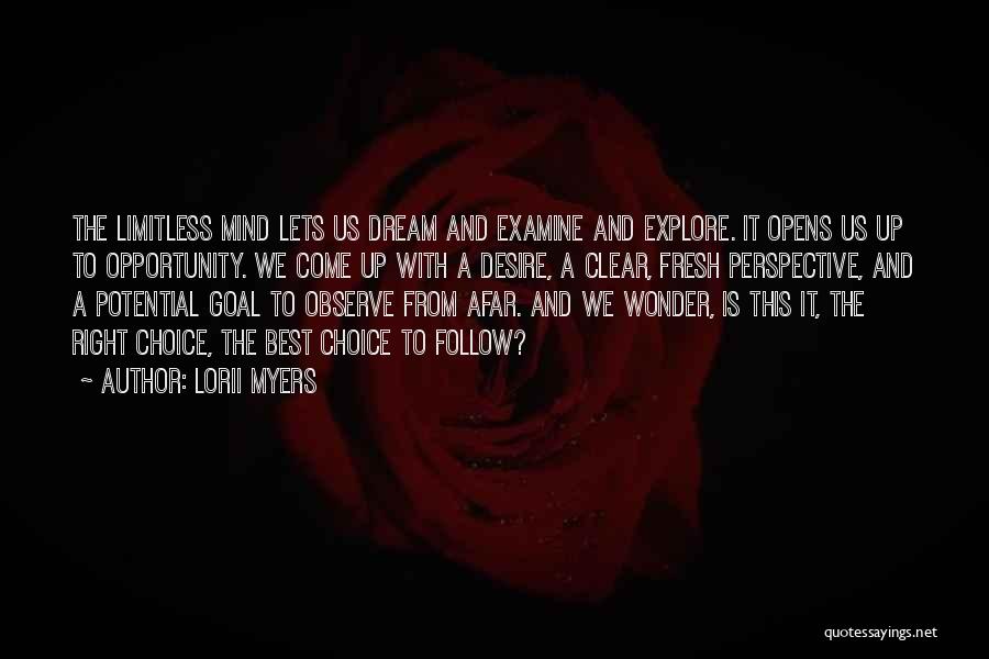 Lorii Myers Quotes: The Limitless Mind Lets Us Dream And Examine And Explore. It Opens Us Up To Opportunity. We Come Up With