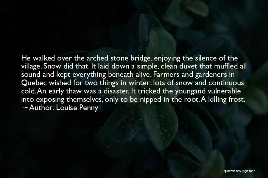 Louise Penny Quotes: He Walked Over The Arched Stone Bridge, Enjoying The Silence Of The Village. Snow Did That. It Laid Down A