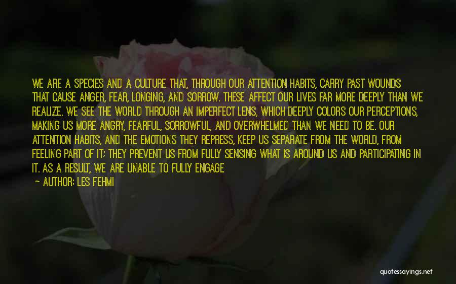 Les Fehmi Quotes: We Are A Species And A Culture That, Through Our Attention Habits, Carry Past Wounds That Cause Anger, Fear, Longing,