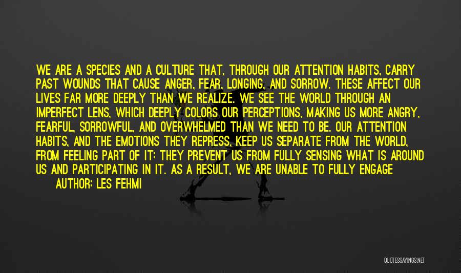 Les Fehmi Quotes: We Are A Species And A Culture That, Through Our Attention Habits, Carry Past Wounds That Cause Anger, Fear, Longing,