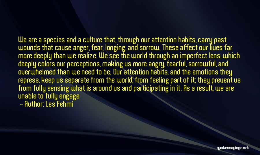 Les Fehmi Quotes: We Are A Species And A Culture That, Through Our Attention Habits, Carry Past Wounds That Cause Anger, Fear, Longing,