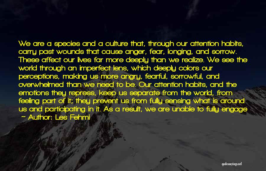 Les Fehmi Quotes: We Are A Species And A Culture That, Through Our Attention Habits, Carry Past Wounds That Cause Anger, Fear, Longing,