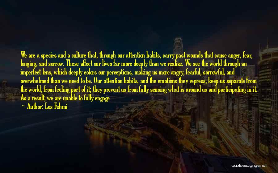 Les Fehmi Quotes: We Are A Species And A Culture That, Through Our Attention Habits, Carry Past Wounds That Cause Anger, Fear, Longing,