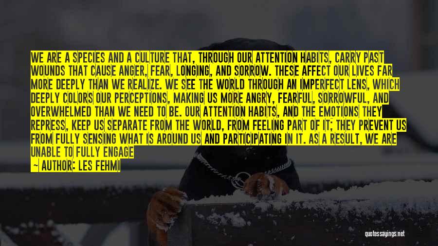 Les Fehmi Quotes: We Are A Species And A Culture That, Through Our Attention Habits, Carry Past Wounds That Cause Anger, Fear, Longing,