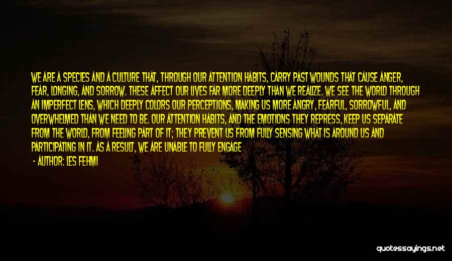 Les Fehmi Quotes: We Are A Species And A Culture That, Through Our Attention Habits, Carry Past Wounds That Cause Anger, Fear, Longing,