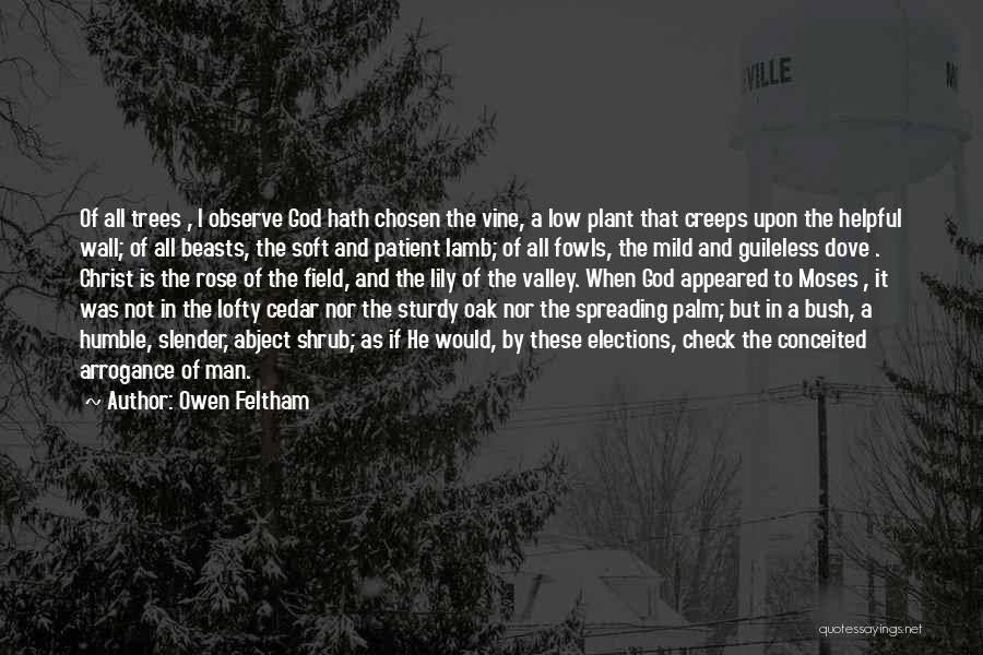 Owen Feltham Quotes: Of All Trees , I Observe God Hath Chosen The Vine, A Low Plant That Creeps Upon The Helpful Wall;