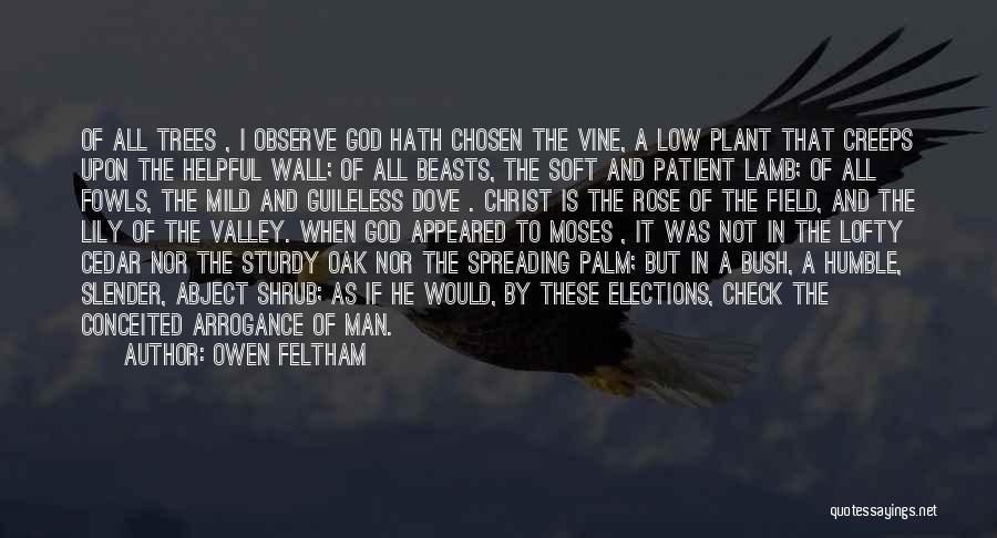 Owen Feltham Quotes: Of All Trees , I Observe God Hath Chosen The Vine, A Low Plant That Creeps Upon The Helpful Wall;