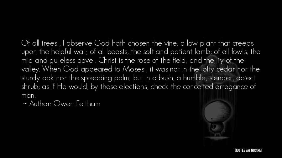 Owen Feltham Quotes: Of All Trees , I Observe God Hath Chosen The Vine, A Low Plant That Creeps Upon The Helpful Wall;