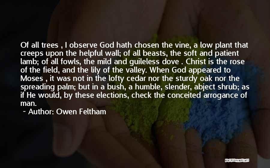 Owen Feltham Quotes: Of All Trees , I Observe God Hath Chosen The Vine, A Low Plant That Creeps Upon The Helpful Wall;