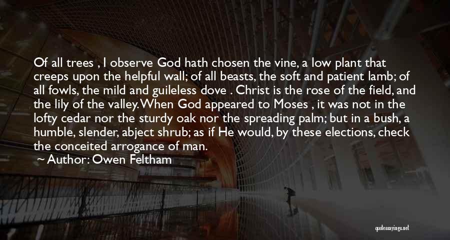 Owen Feltham Quotes: Of All Trees , I Observe God Hath Chosen The Vine, A Low Plant That Creeps Upon The Helpful Wall;