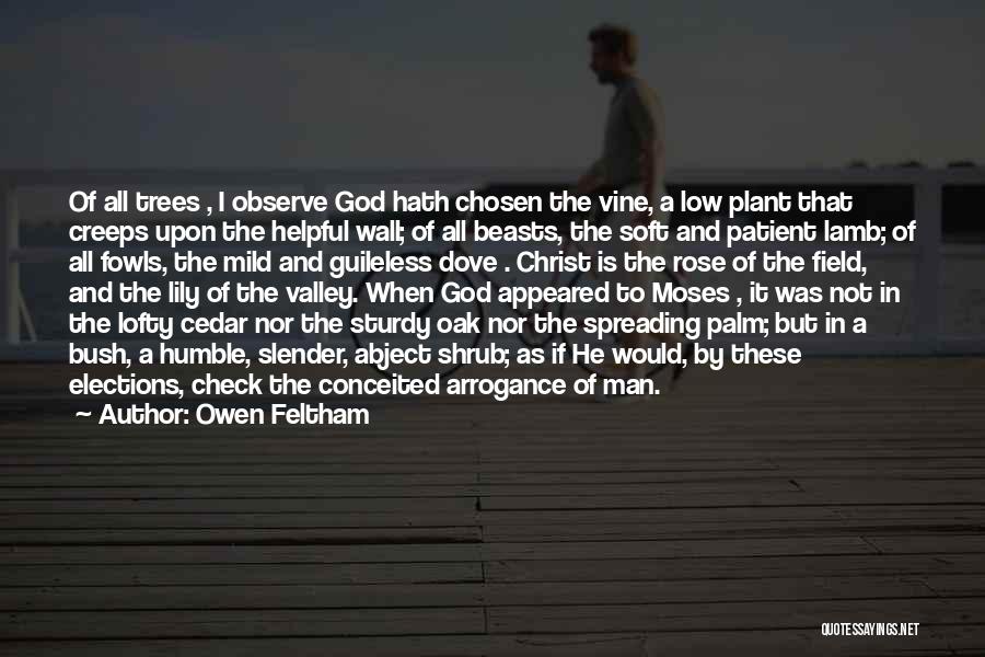 Owen Feltham Quotes: Of All Trees , I Observe God Hath Chosen The Vine, A Low Plant That Creeps Upon The Helpful Wall;