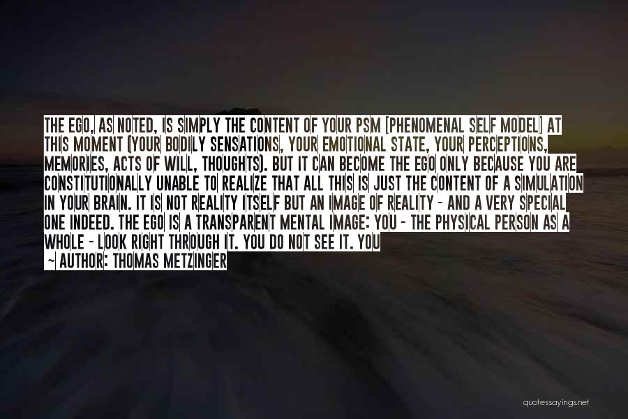 Thomas Metzinger Quotes: The Ego, As Noted, Is Simply The Content Of Your Psm [phenomenal Self Model] At This Moment (your Bodily Sensations,