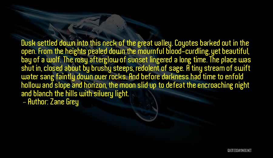 Zane Grey Quotes: Dusk Settled Down Into This Neck Of The Great Valley. Coyotes Barked Out In The Open. From The Heights Pealed