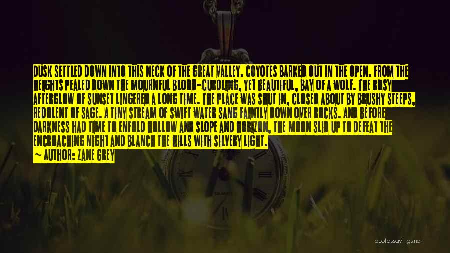 Zane Grey Quotes: Dusk Settled Down Into This Neck Of The Great Valley. Coyotes Barked Out In The Open. From The Heights Pealed