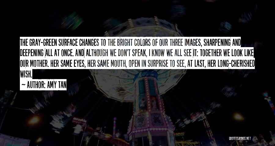 Amy Tan Quotes: The Gray-green Surface Changes To The Bright Colors Of Our Three Images, Sharpening And Deepening All At Once. And Although