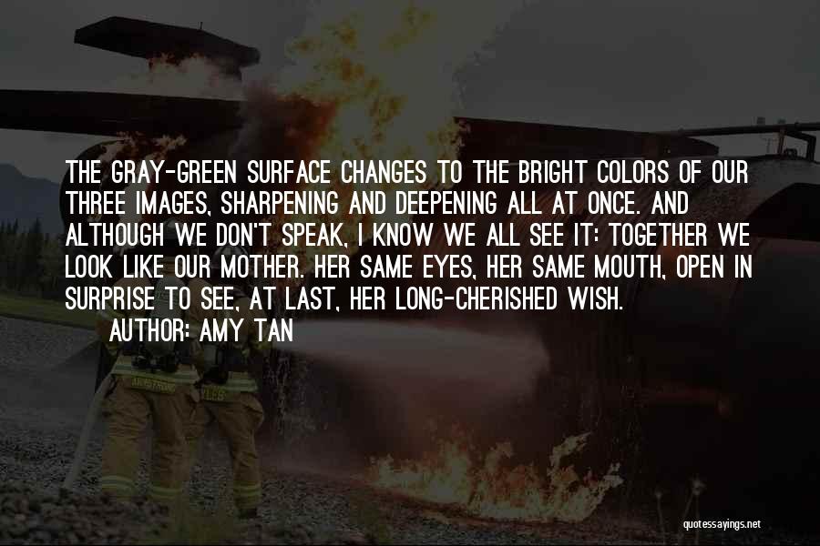 Amy Tan Quotes: The Gray-green Surface Changes To The Bright Colors Of Our Three Images, Sharpening And Deepening All At Once. And Although