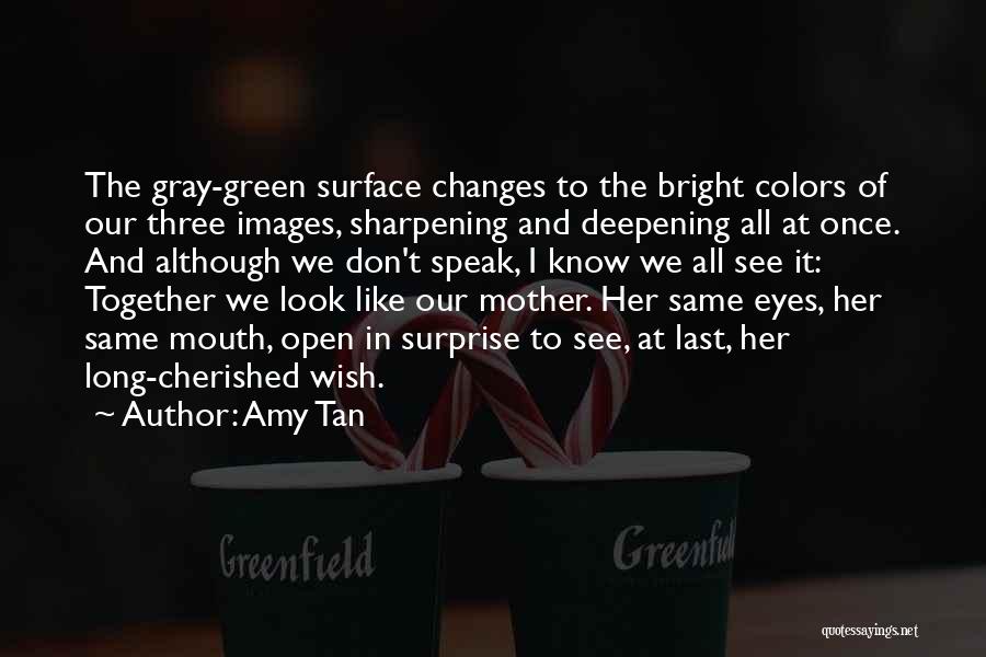 Amy Tan Quotes: The Gray-green Surface Changes To The Bright Colors Of Our Three Images, Sharpening And Deepening All At Once. And Although