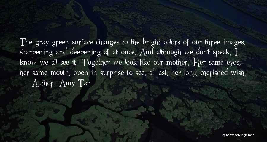 Amy Tan Quotes: The Gray-green Surface Changes To The Bright Colors Of Our Three Images, Sharpening And Deepening All At Once. And Although