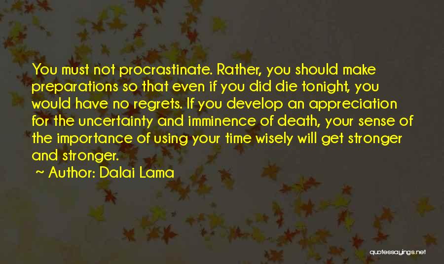 Dalai Lama Quotes: You Must Not Procrastinate. Rather, You Should Make Preparations So That Even If You Did Die Tonight, You Would Have