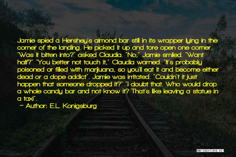 E.L. Konigsburg Quotes: Jamie Spied A Hershey's Almond Bar Still In Its Wrapper Lying In The Corner Of The Landing. He Picked It