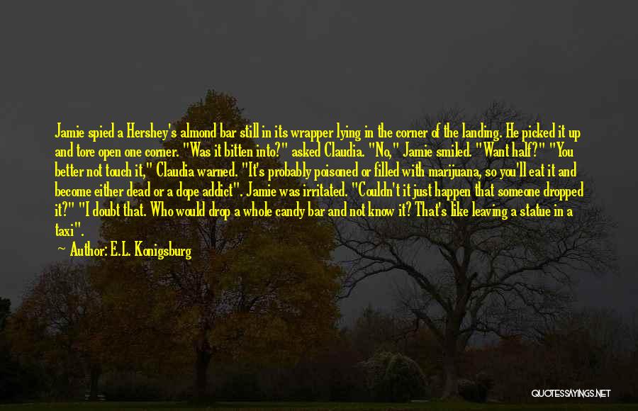 E.L. Konigsburg Quotes: Jamie Spied A Hershey's Almond Bar Still In Its Wrapper Lying In The Corner Of The Landing. He Picked It