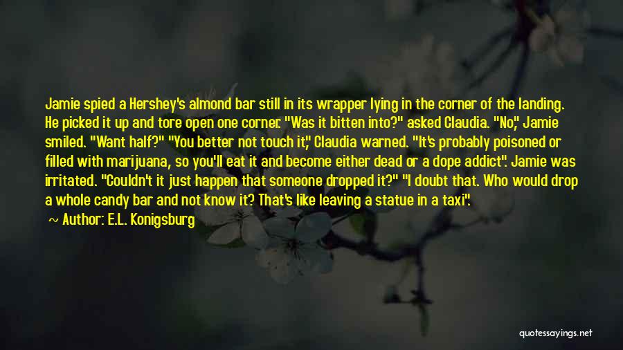 E.L. Konigsburg Quotes: Jamie Spied A Hershey's Almond Bar Still In Its Wrapper Lying In The Corner Of The Landing. He Picked It