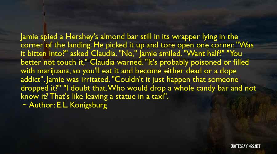 E.L. Konigsburg Quotes: Jamie Spied A Hershey's Almond Bar Still In Its Wrapper Lying In The Corner Of The Landing. He Picked It