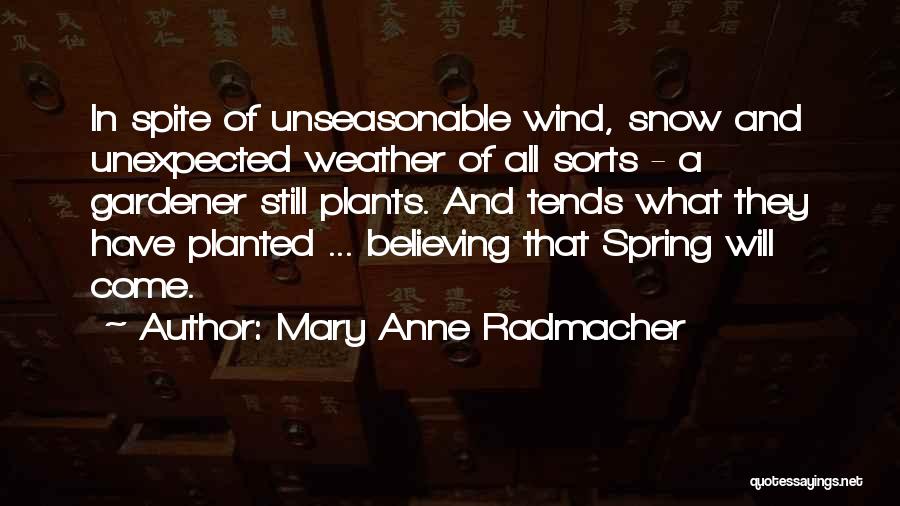 Mary Anne Radmacher Quotes: In Spite Of Unseasonable Wind, Snow And Unexpected Weather Of All Sorts - A Gardener Still Plants. And Tends What