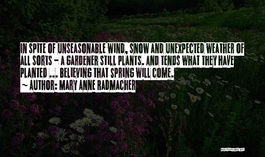 Mary Anne Radmacher Quotes: In Spite Of Unseasonable Wind, Snow And Unexpected Weather Of All Sorts - A Gardener Still Plants. And Tends What