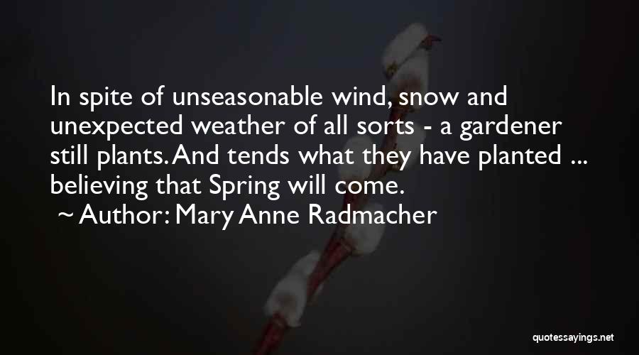 Mary Anne Radmacher Quotes: In Spite Of Unseasonable Wind, Snow And Unexpected Weather Of All Sorts - A Gardener Still Plants. And Tends What