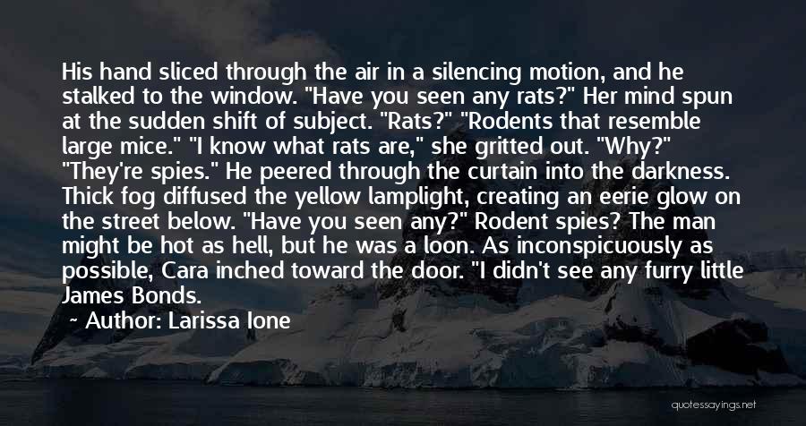 Larissa Ione Quotes: His Hand Sliced Through The Air In A Silencing Motion, And He Stalked To The Window. Have You Seen Any