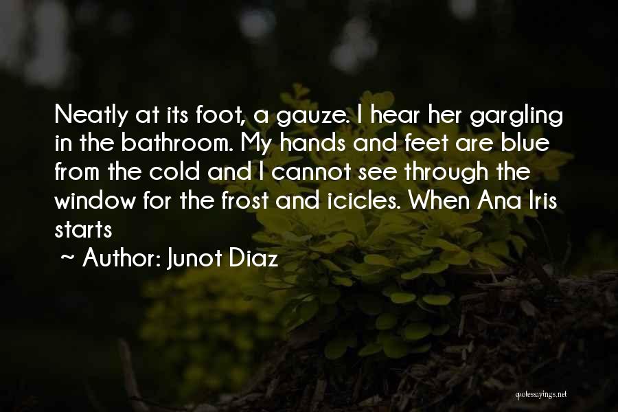 Junot Diaz Quotes: Neatly At Its Foot, A Gauze. I Hear Her Gargling In The Bathroom. My Hands And Feet Are Blue From