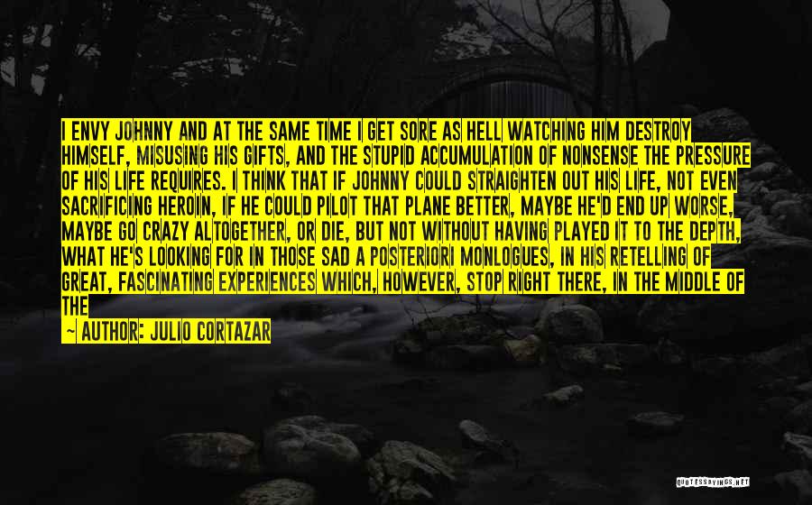 Julio Cortazar Quotes: I Envy Johnny And At The Same Time I Get Sore As Hell Watching Him Destroy Himself, Misusing His Gifts,