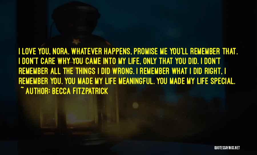 Becca Fitzpatrick Quotes: I Love You, Nora. Whatever Happens, Promise Me You'll Remember That. I Don't Care Why You Came Into My Life,