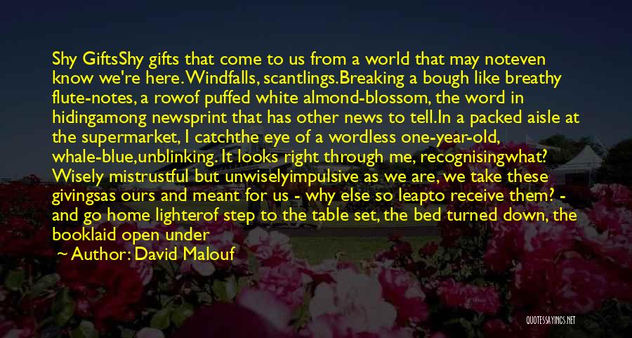 David Malouf Quotes: Shy Giftsshy Gifts That Come To Us From A World That May Noteven Know We're Here. Windfalls, Scantlings.breaking A Bough