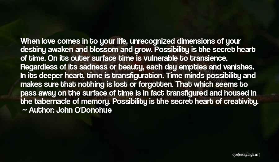 John O'Donohue Quotes: When Love Comes In To Your Life, Unrecognized Dimensions Of Your Destiny Awaken And Blossom And Grow. Possibility Is The