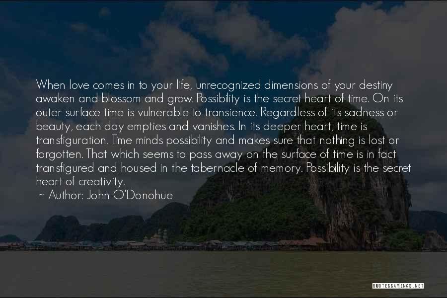 John O'Donohue Quotes: When Love Comes In To Your Life, Unrecognized Dimensions Of Your Destiny Awaken And Blossom And Grow. Possibility Is The