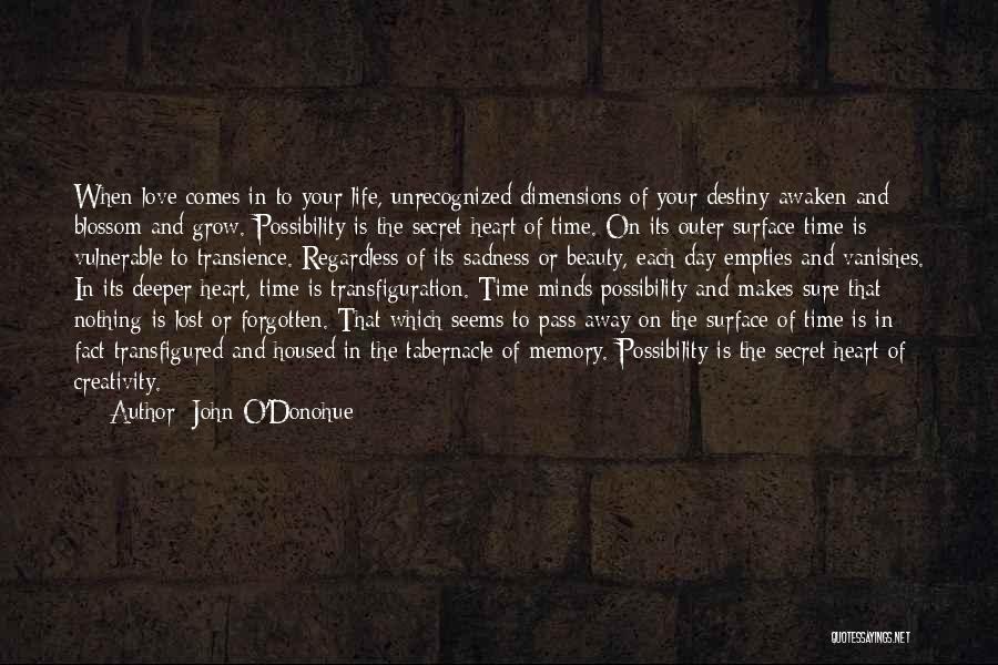 John O'Donohue Quotes: When Love Comes In To Your Life, Unrecognized Dimensions Of Your Destiny Awaken And Blossom And Grow. Possibility Is The