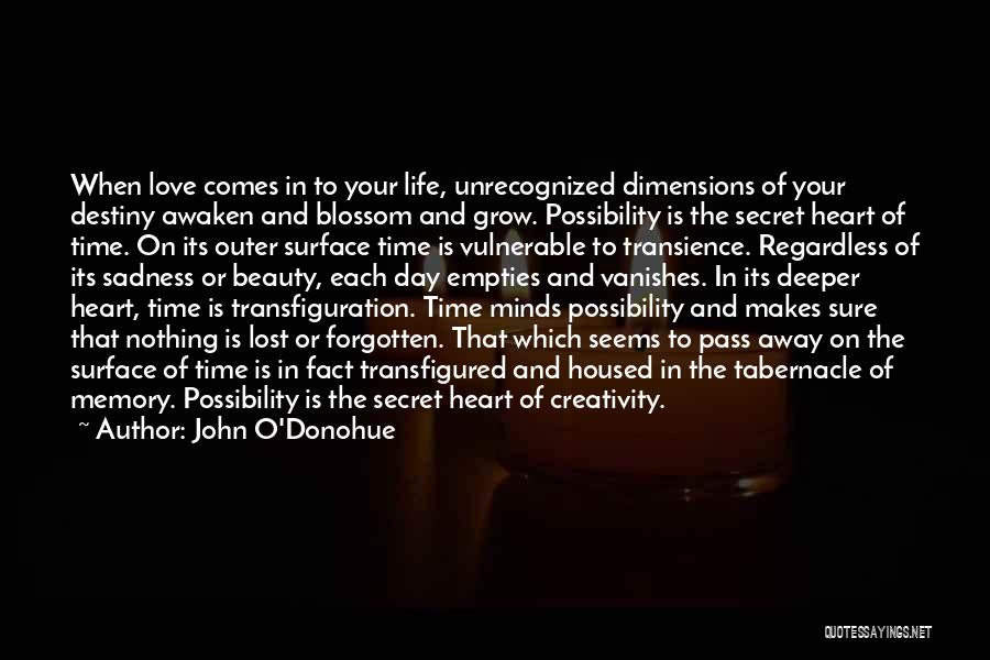 John O'Donohue Quotes: When Love Comes In To Your Life, Unrecognized Dimensions Of Your Destiny Awaken And Blossom And Grow. Possibility Is The
