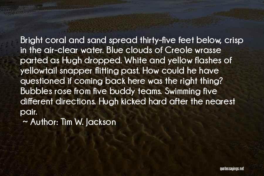 Tim W. Jackson Quotes: Bright Coral And Sand Spread Thirty-five Feet Below, Crisp In The Air-clear Water. Blue Clouds Of Creole Wrasse Parted As