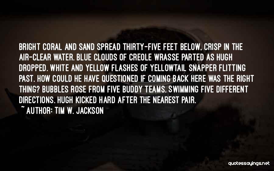 Tim W. Jackson Quotes: Bright Coral And Sand Spread Thirty-five Feet Below, Crisp In The Air-clear Water. Blue Clouds Of Creole Wrasse Parted As