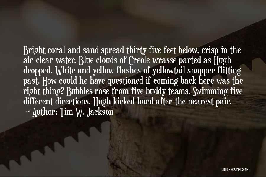 Tim W. Jackson Quotes: Bright Coral And Sand Spread Thirty-five Feet Below, Crisp In The Air-clear Water. Blue Clouds Of Creole Wrasse Parted As