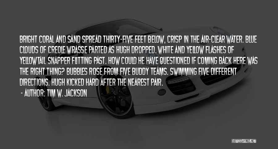 Tim W. Jackson Quotes: Bright Coral And Sand Spread Thirty-five Feet Below, Crisp In The Air-clear Water. Blue Clouds Of Creole Wrasse Parted As